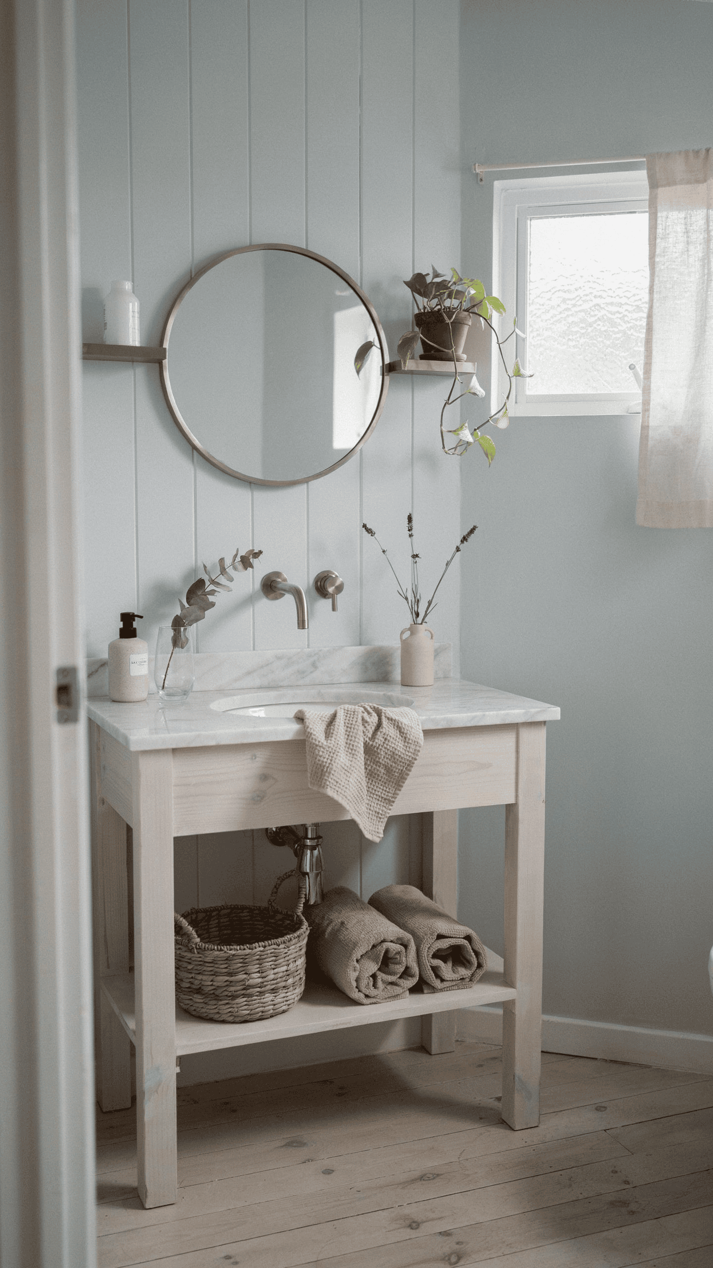 Pale blue Scandinavian bathroom with whitewashed wood vanity, brushed nickel fixtures, and airy coastal Nordic styling.