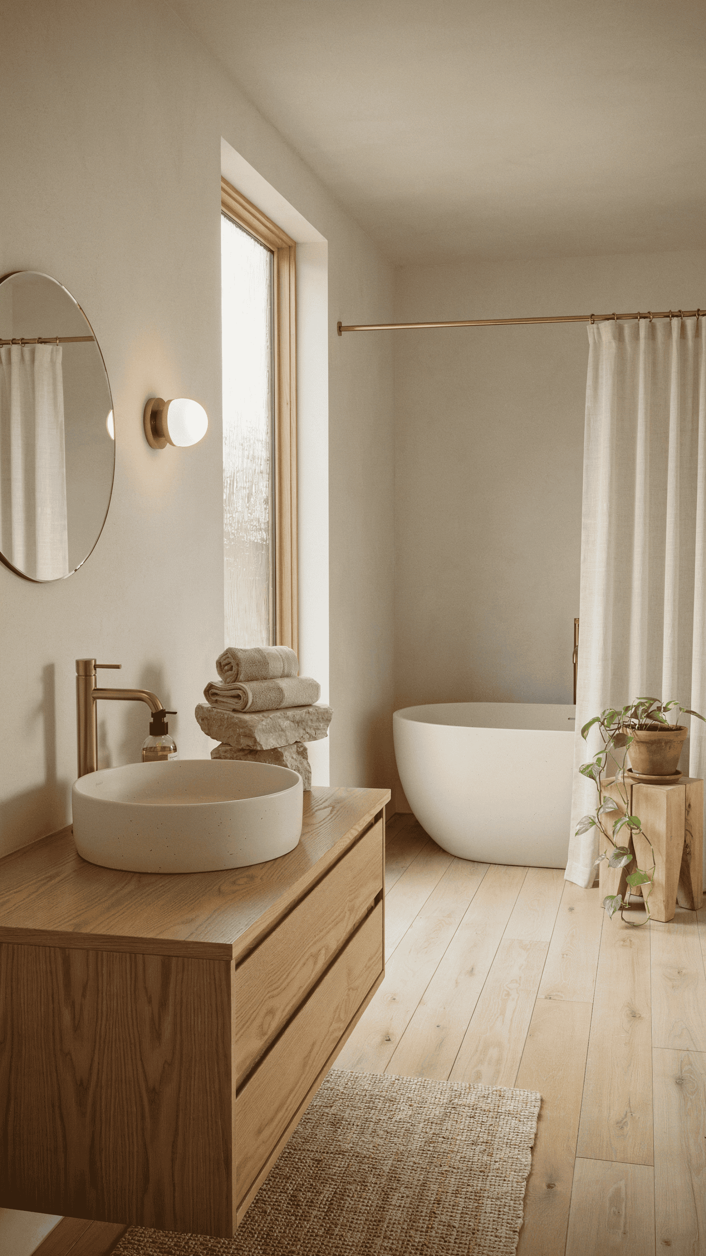 Warm oatmeal beige Scandinavian bathroom with natural textures, oak vanity, soft lighting, and timeless neutral decor.