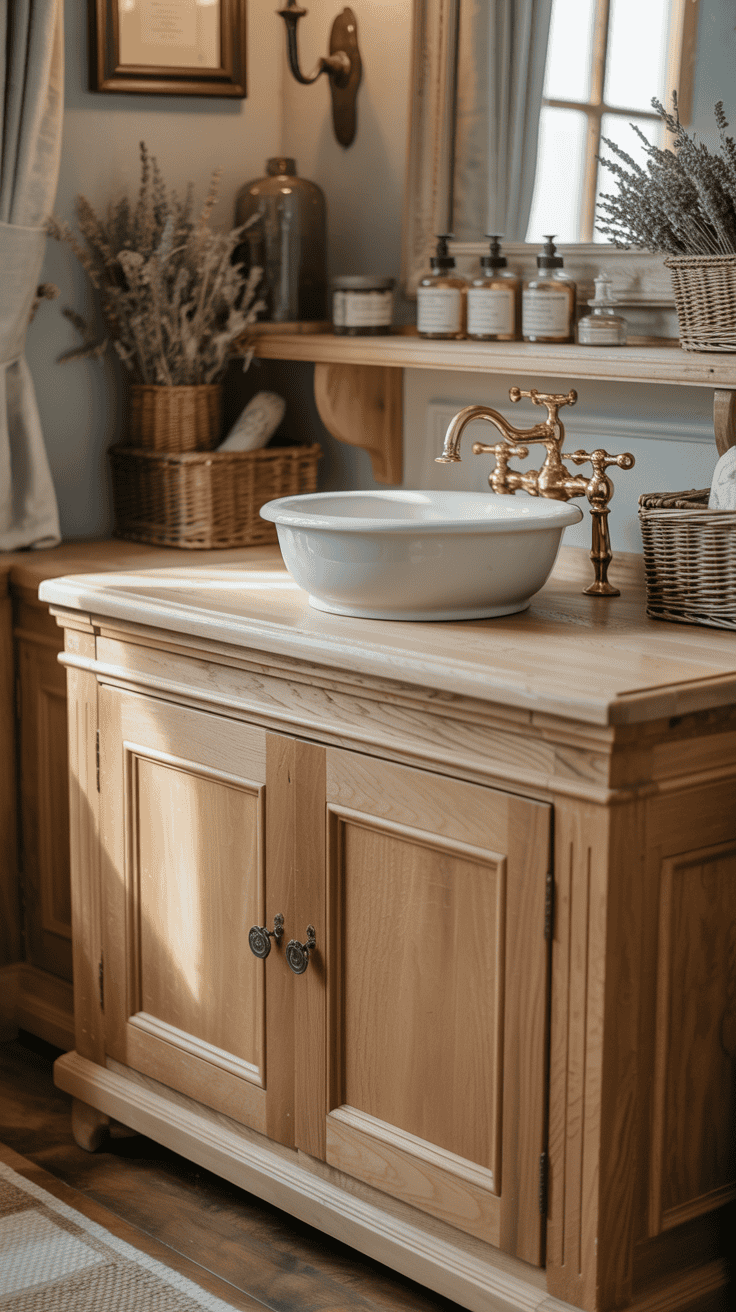 Natural oak French country bathroom vanity paired with soft linen tones and warm neutral decor