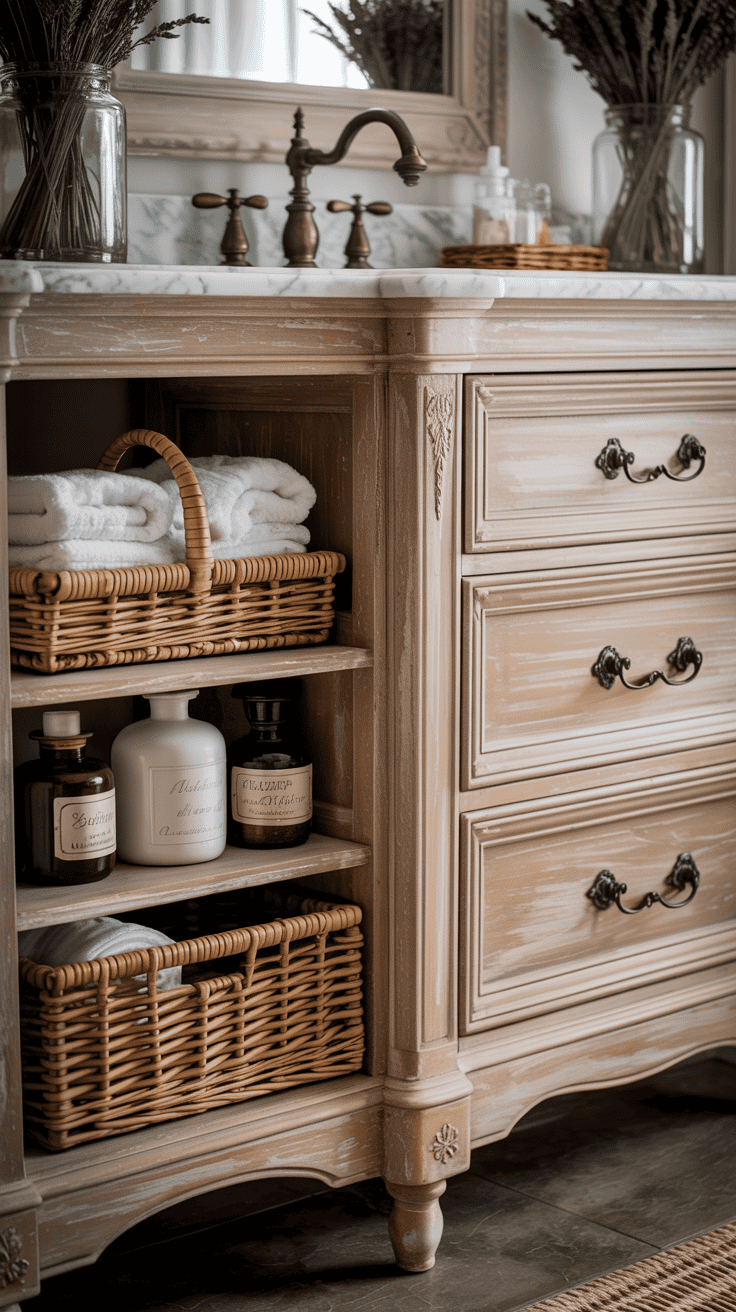 Antique style French country bathroom vanity with open shelving baskets and charming vintage details