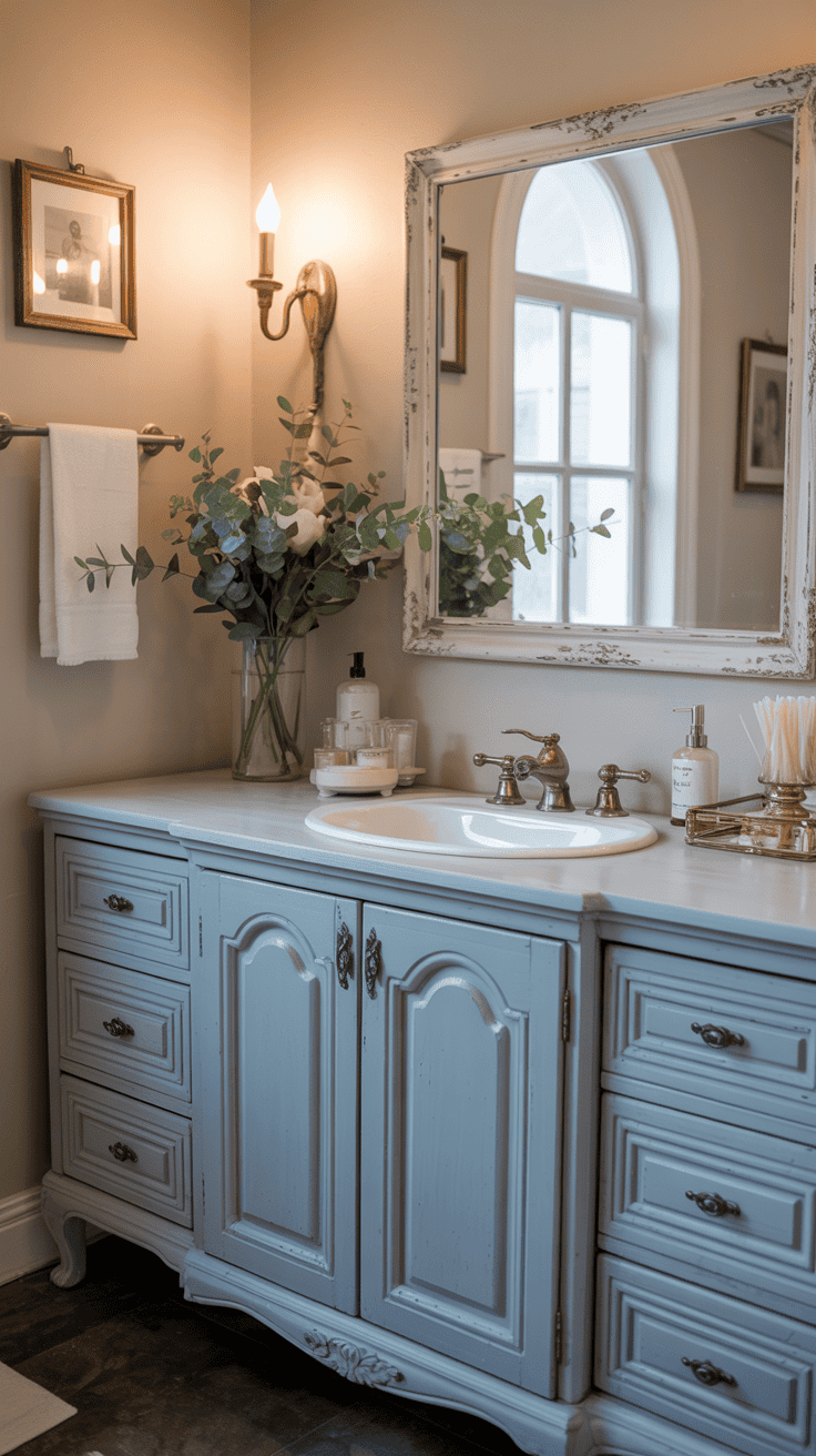 Soft blue French country bathroom vanity with aged brass hardware and elegant vintage styling