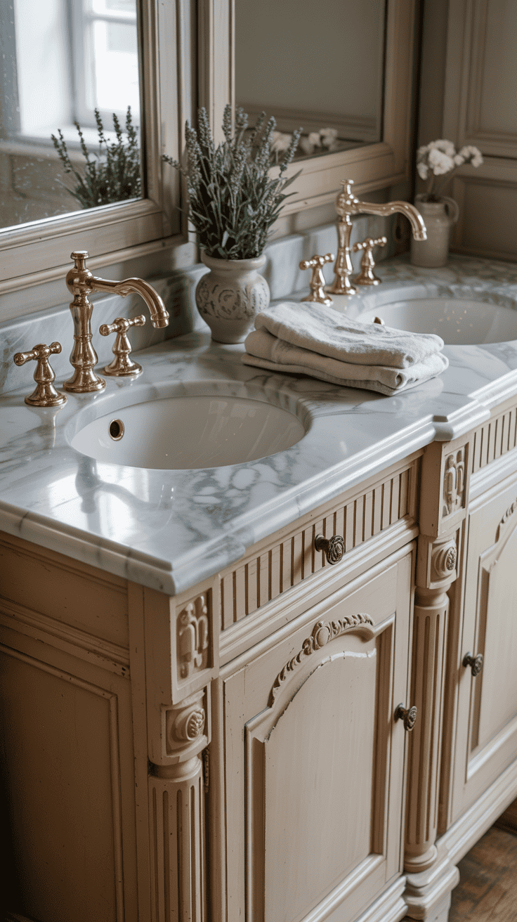 French country double bathroom vanity featuring vintage details marble countertops and elegant styling