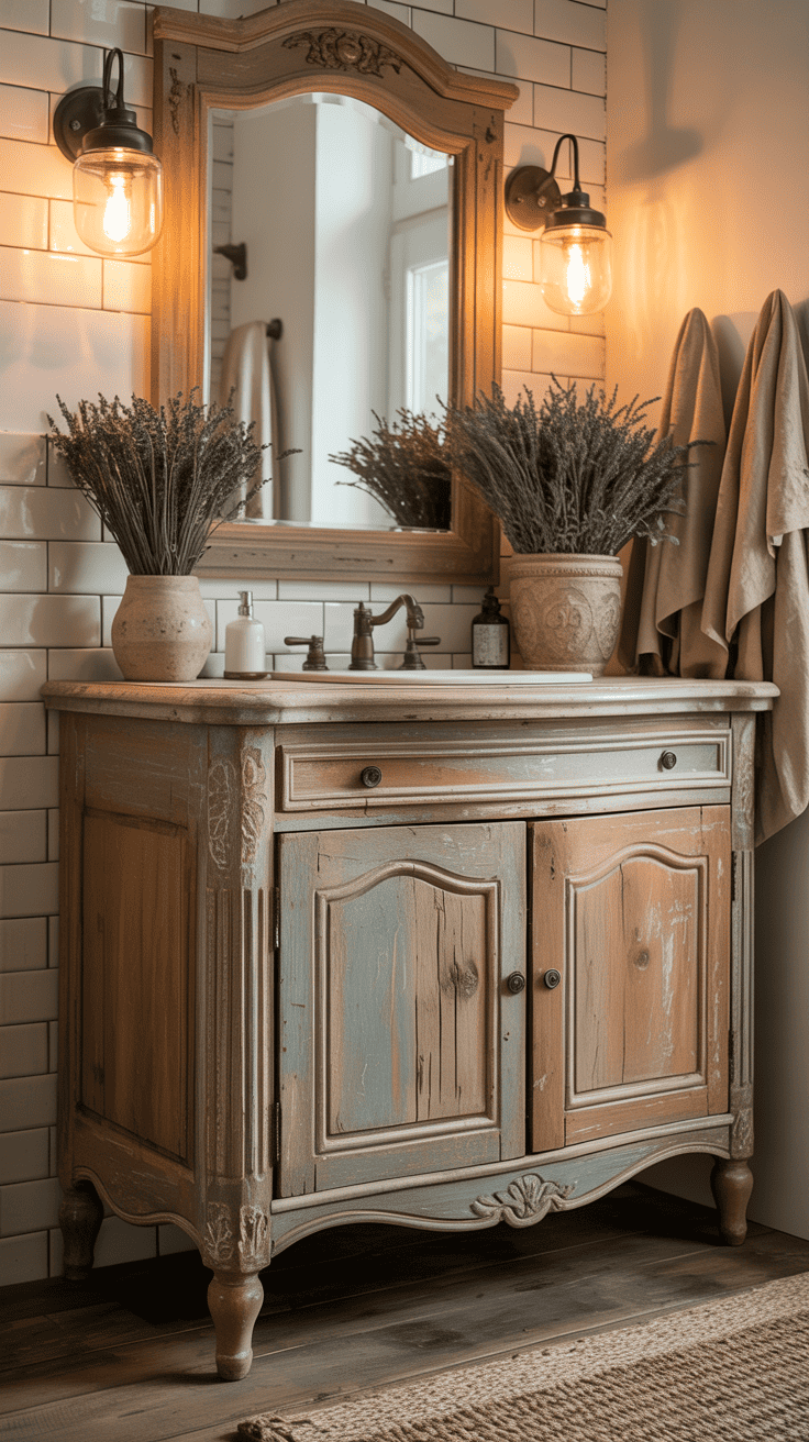 French country bathroom vanity made from reclaimed wood with rustic charm and elegant styling