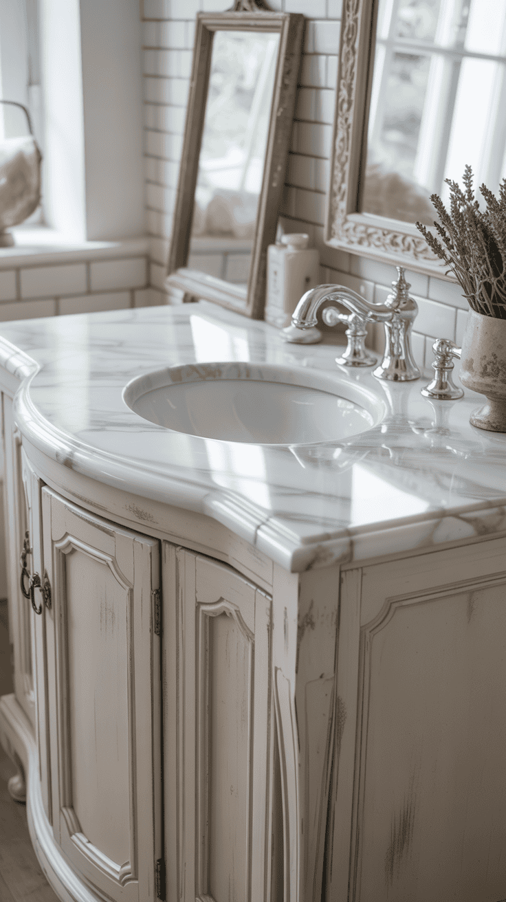 French country bathroom vanity with open legs marble countertop and airy elegant styling