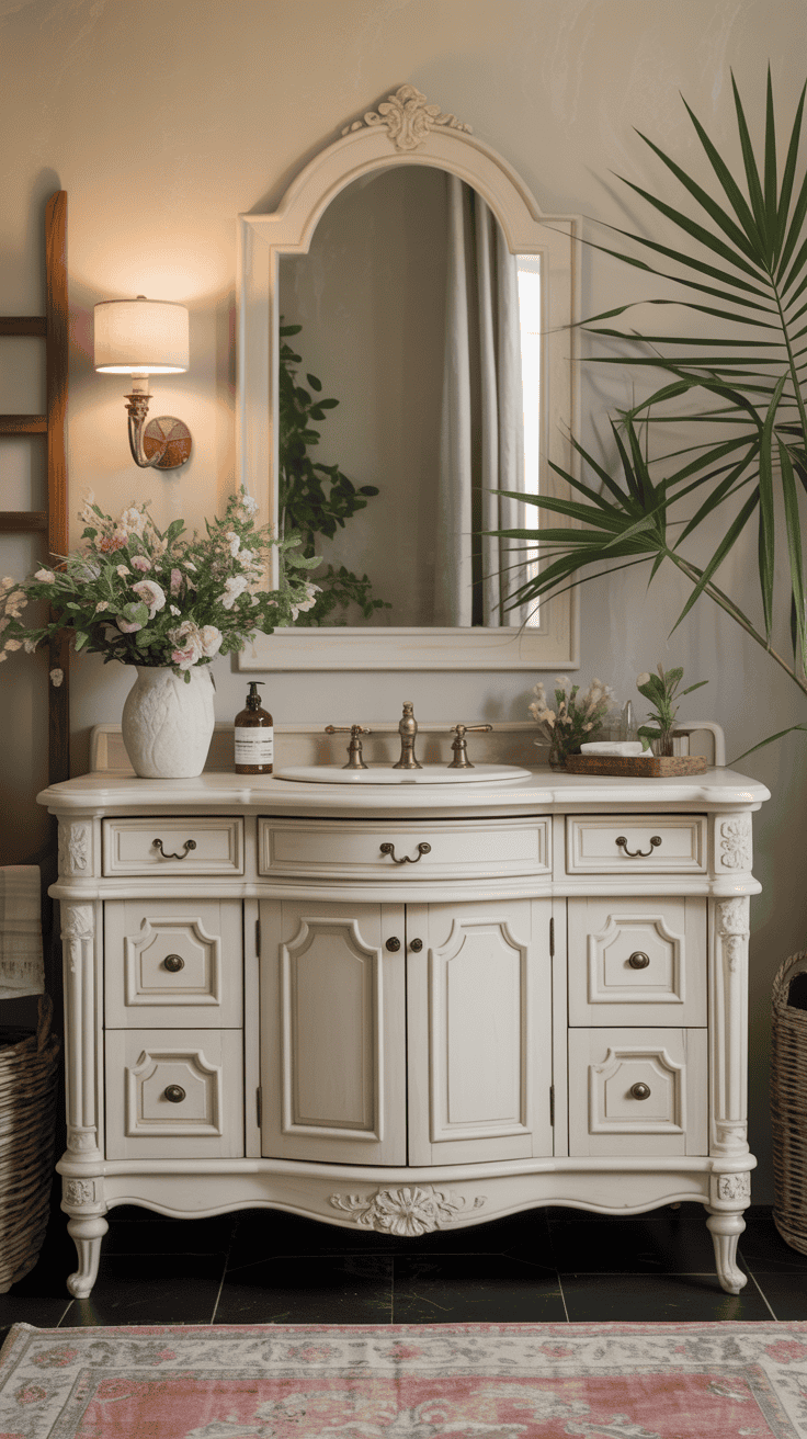 Cream French country bathroom vanity with antique brass hardware and timeless styling