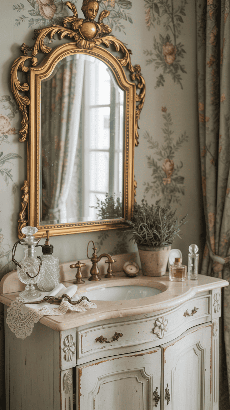 French country bathroom vanity paired with ornate gold mirror and elegant vintage decor