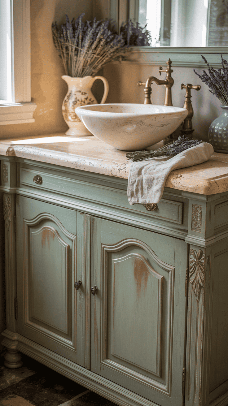 Soft sage green French country bathroom vanity with natural stone countertop and warm styling