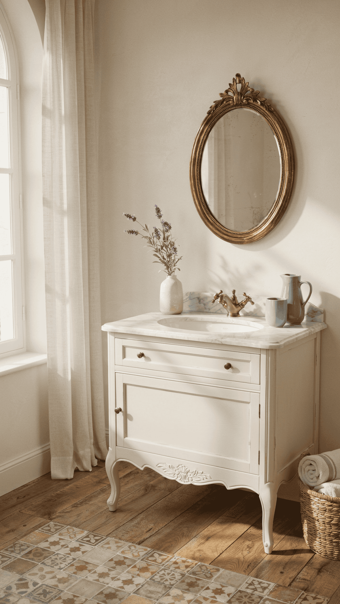Furniture style French country bathroom vanity with decorative legs and elegant vintage character