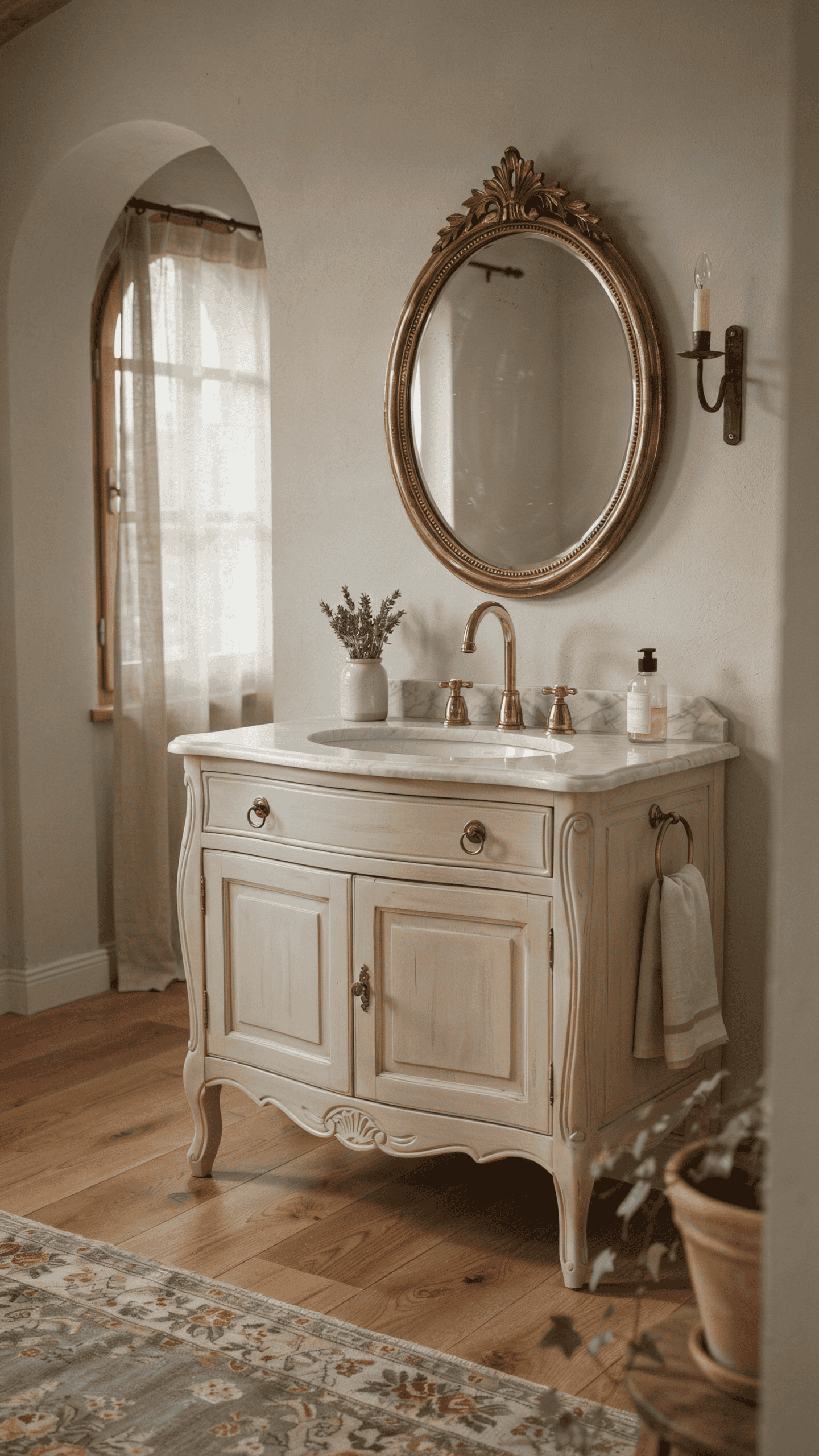 French country bathroom vanity with curved silhouette carved details and elegant antique styling
