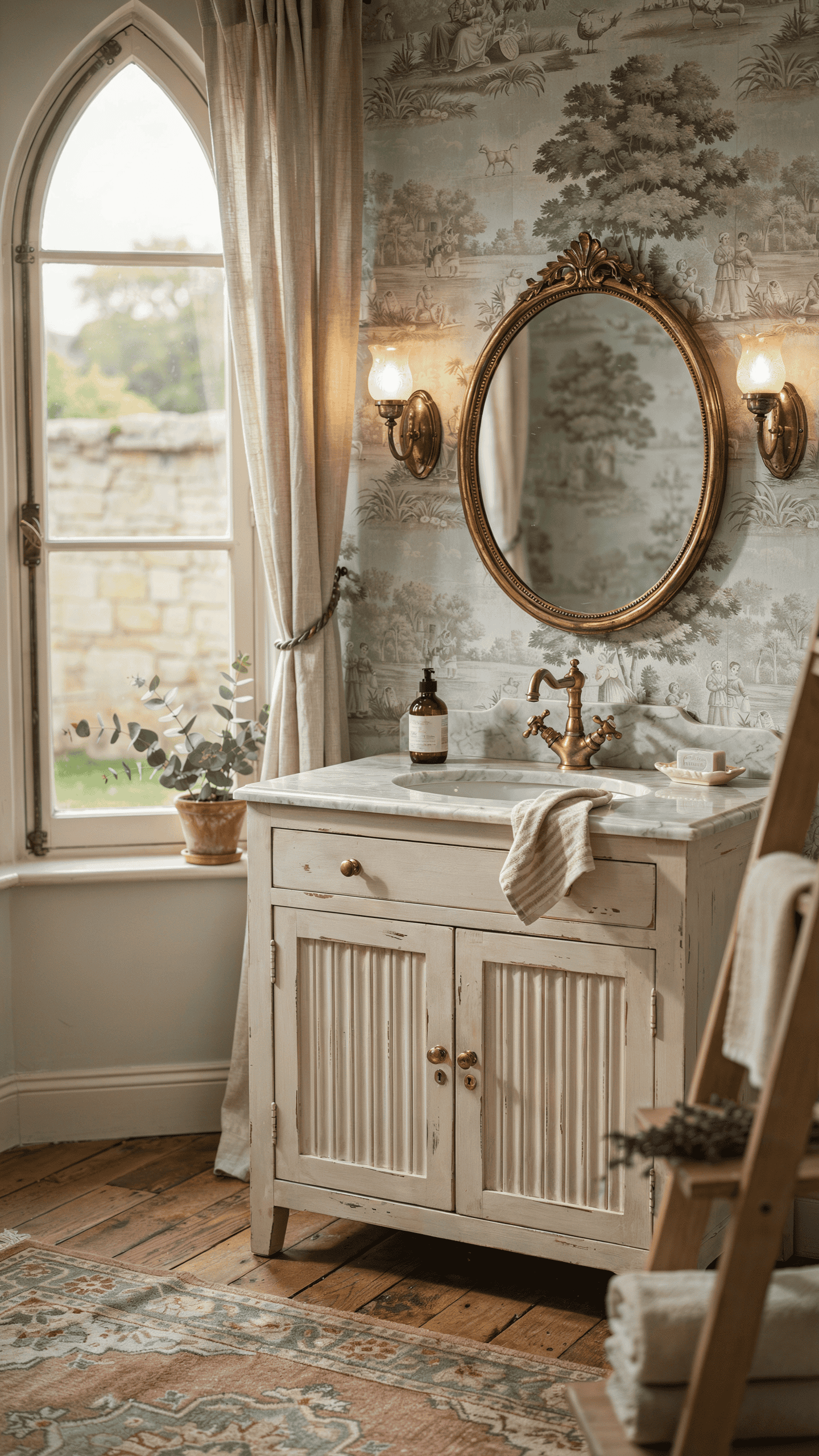 French country bathroom vanity with distressed white finish marble countertop and elegant vintage styling