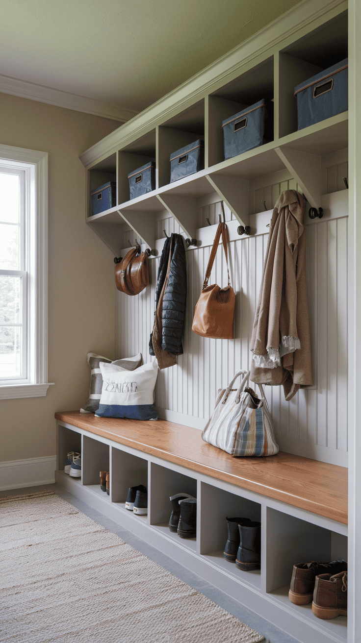 Mudroom bench with individual wall hooks cubbies and organized family storage