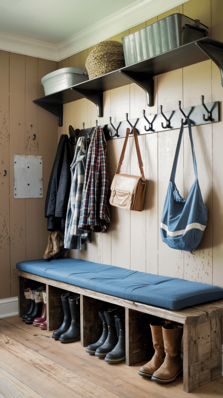 Farmhouse mudroom bench with rustic wood seating and black wall hooks