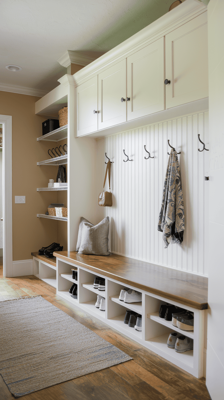 Mudroom bench with built in shoe storage cubbies and wall mounted hooks