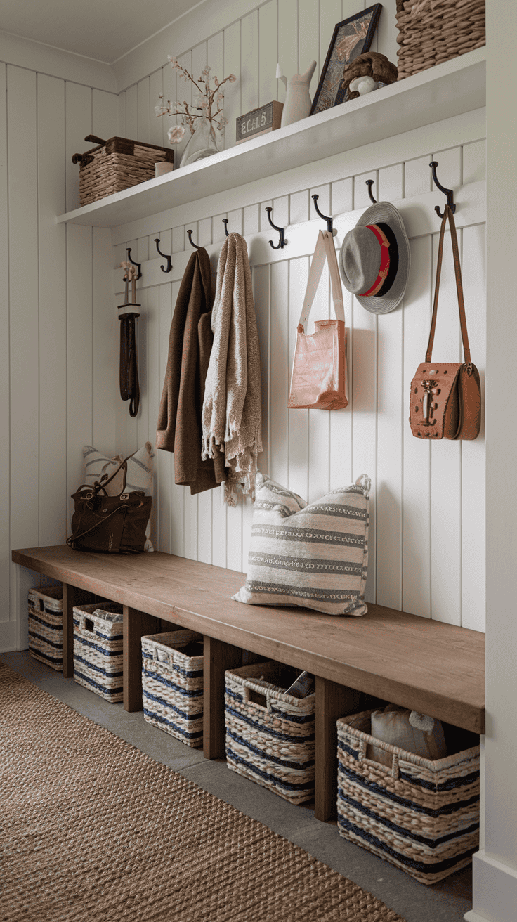 Mudroom bench with woven basket storage and organized wall hooks