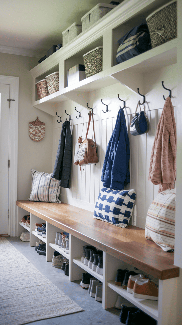 Long mudroom bench with full wall hook station and organized family storage