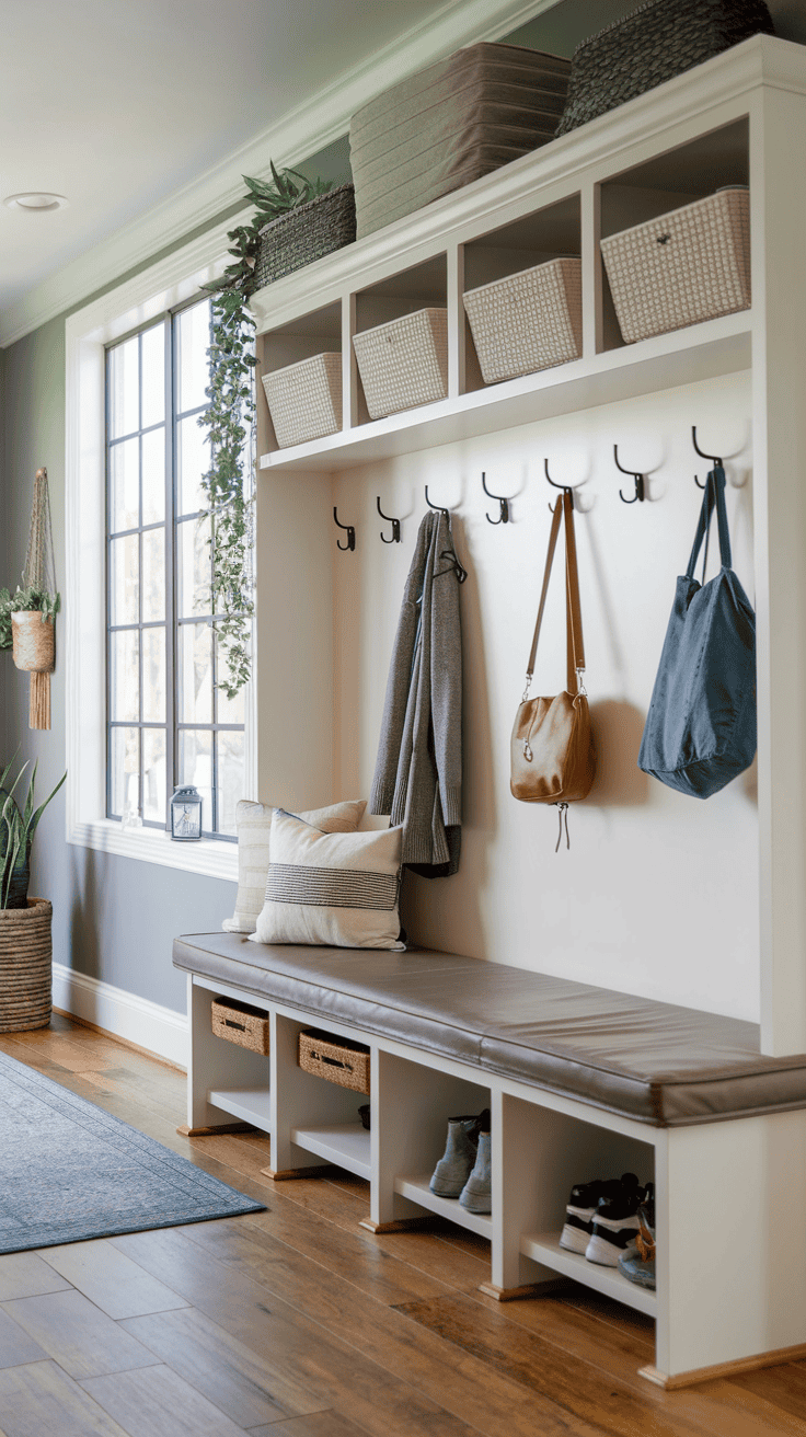 Mudroom bench with upper storage shelf wall hooks and organized entryway storage
