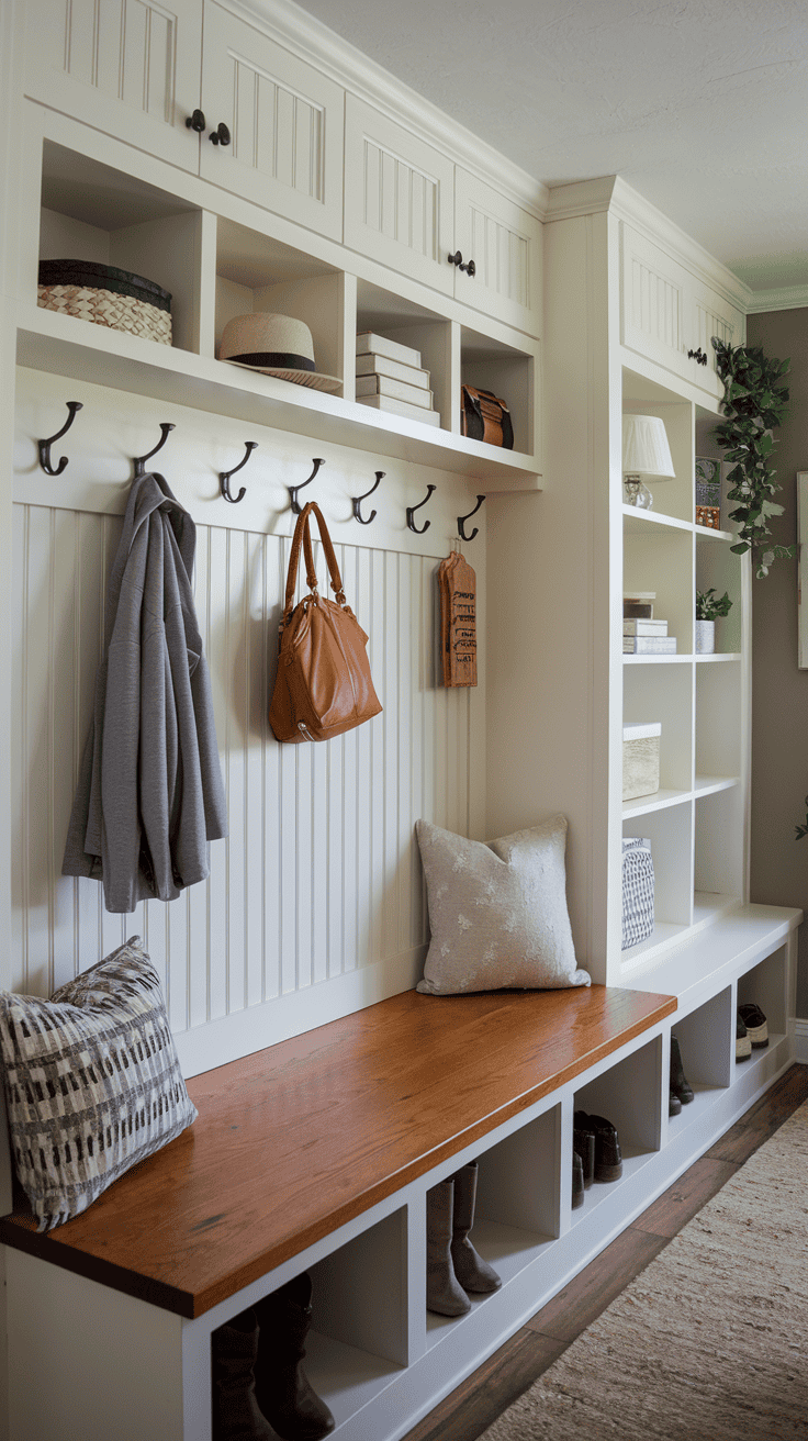 Custom built mudroom wall featuring bench hooks cubbies and organized family storage