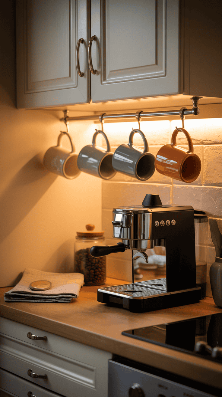 Coffee mugs hanging from under cabinet hooks above a small home coffee station.