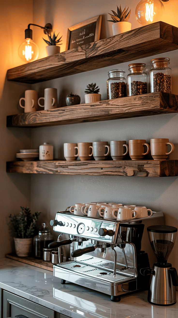 Floating wooden shelves displaying coffee mugs, jars and decor above a home coffee bar.