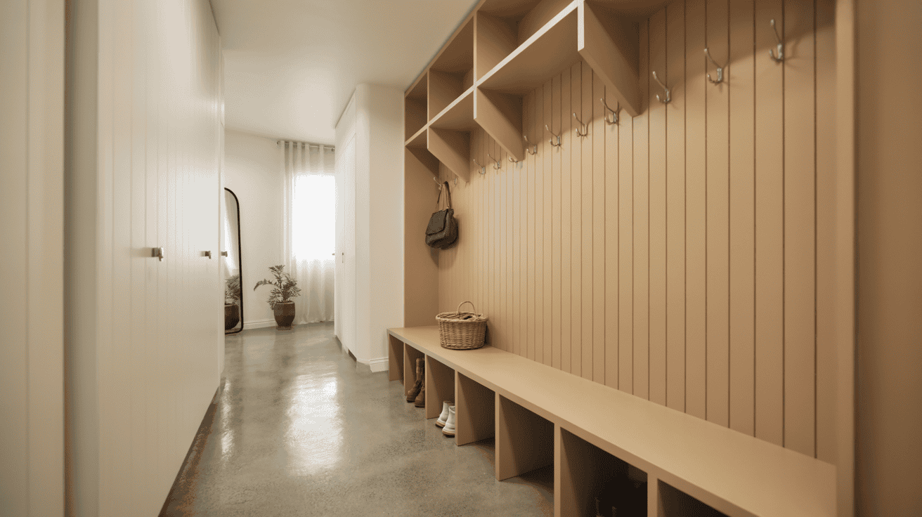Minimalist narrow hallway mudroom with functional storage, simple decor, and an uncluttered layout.