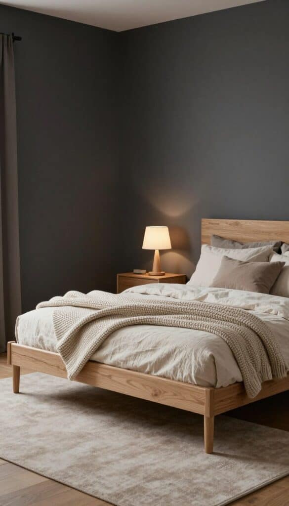 Dark Scandinavian bedroom with charcoal walls, light oak furniture, cream bedding, and warm autumn lighting.