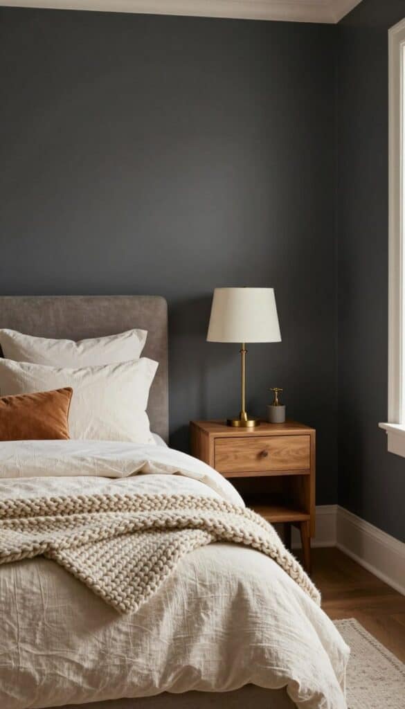 Dark charcoal fall bedroom with cream bedding, warm wood furniture, chunky knit blankets, and soft autumn lighting.