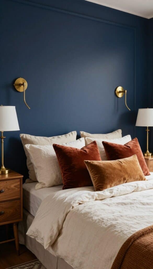 Dark navy fall bedroom with brass sconces, cream bedding, velvet cushions, and warm wood furniture.