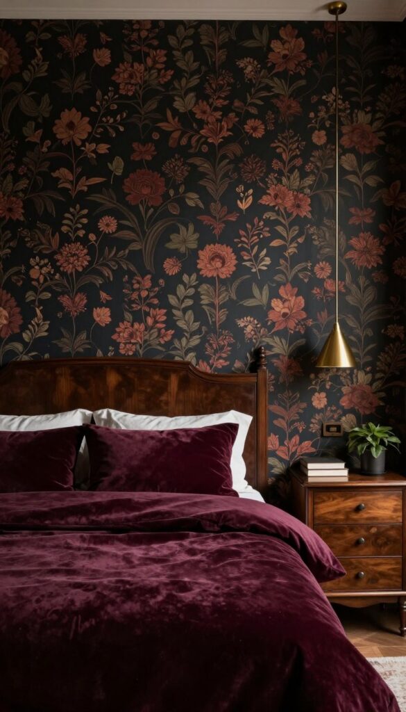 Elegant bedroom with dark floral wallpaper, velvet bedding, antique furniture, and warm fall accents.