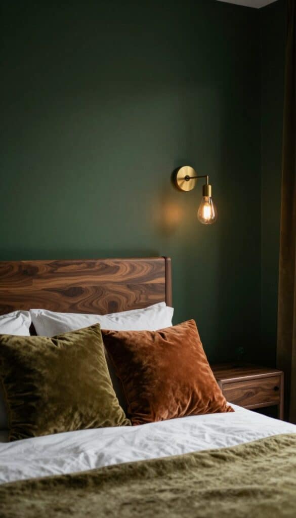 Forest green bedroom with velvet cushions, walnut furniture, brass accents, and warm fall lighting.