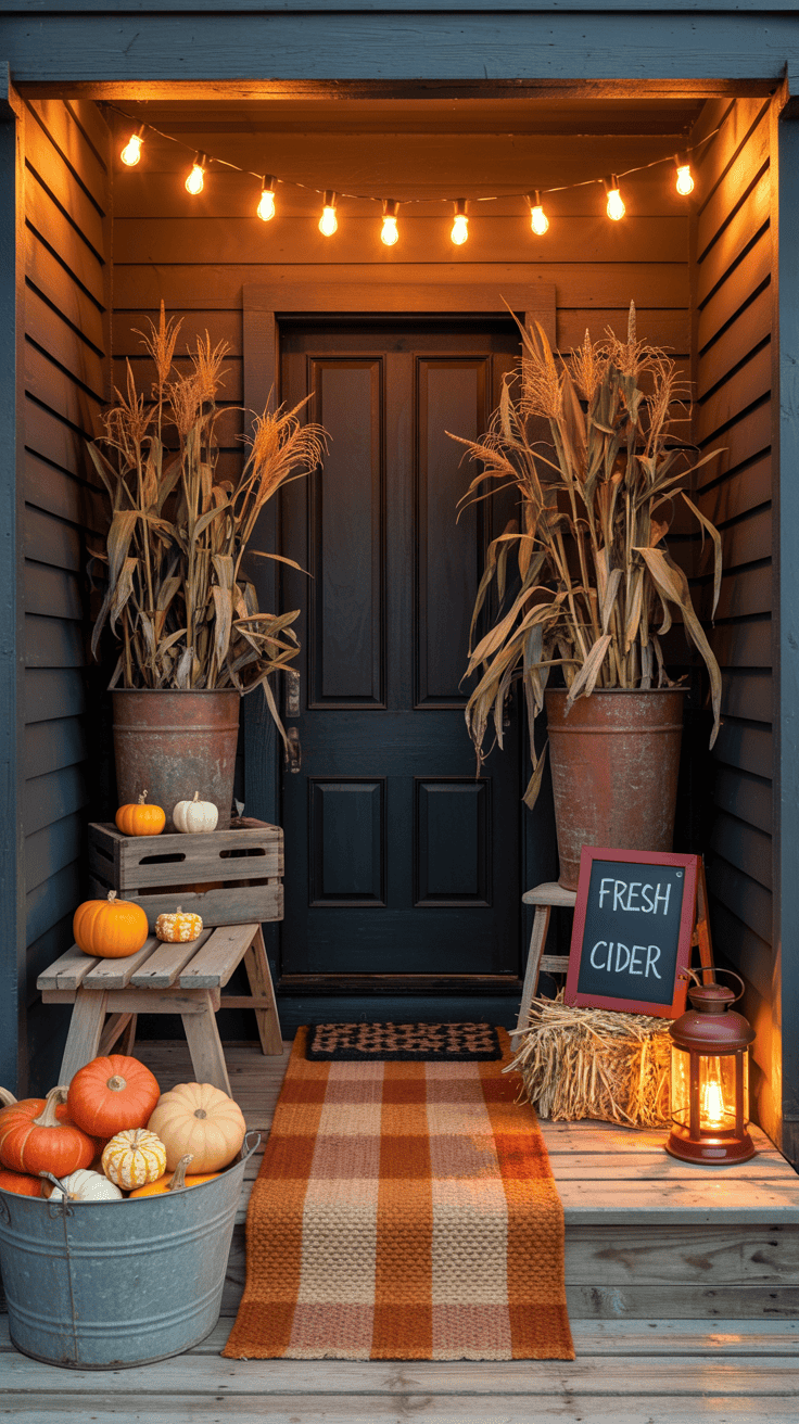 Wide, straight-on photorealistic shot of a Rustic Harvest Market porch: weathered wood bench, pair of antique crates, galvanized tub overflowing with mini pumpkins; chunky jute doormat layered with a rust-and-caramel plaid runner; chalkboard sign reading “Fresh Cider”; tall corn stalks tucked behind planters for height; barn-red lantern, small stack of straw bales; palette of burnt orange, wheat, and charcoal with rugged, unpolished wood textures; Edison-bulb string lights draped overhead; front door painted deep charcoal or muted hunter green at dusk for warm glow.