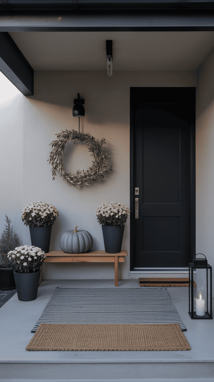 Wide, minimalist modern porch, straight-on: matte black front door, two tall black planters with sculptural mums flanking a slim cedar bench; single oversized cement pumpkin as an artful focal point; striped monochrome rug layered under a crisp coir mat; sleek black wall sconce and low-profile linear lantern; minimalist wreath of olive branches; palette of black, charcoal, olive, wheat; metals in brushed black and gunmetal; clean lines, uncluttered composition, early evening soft shadows.