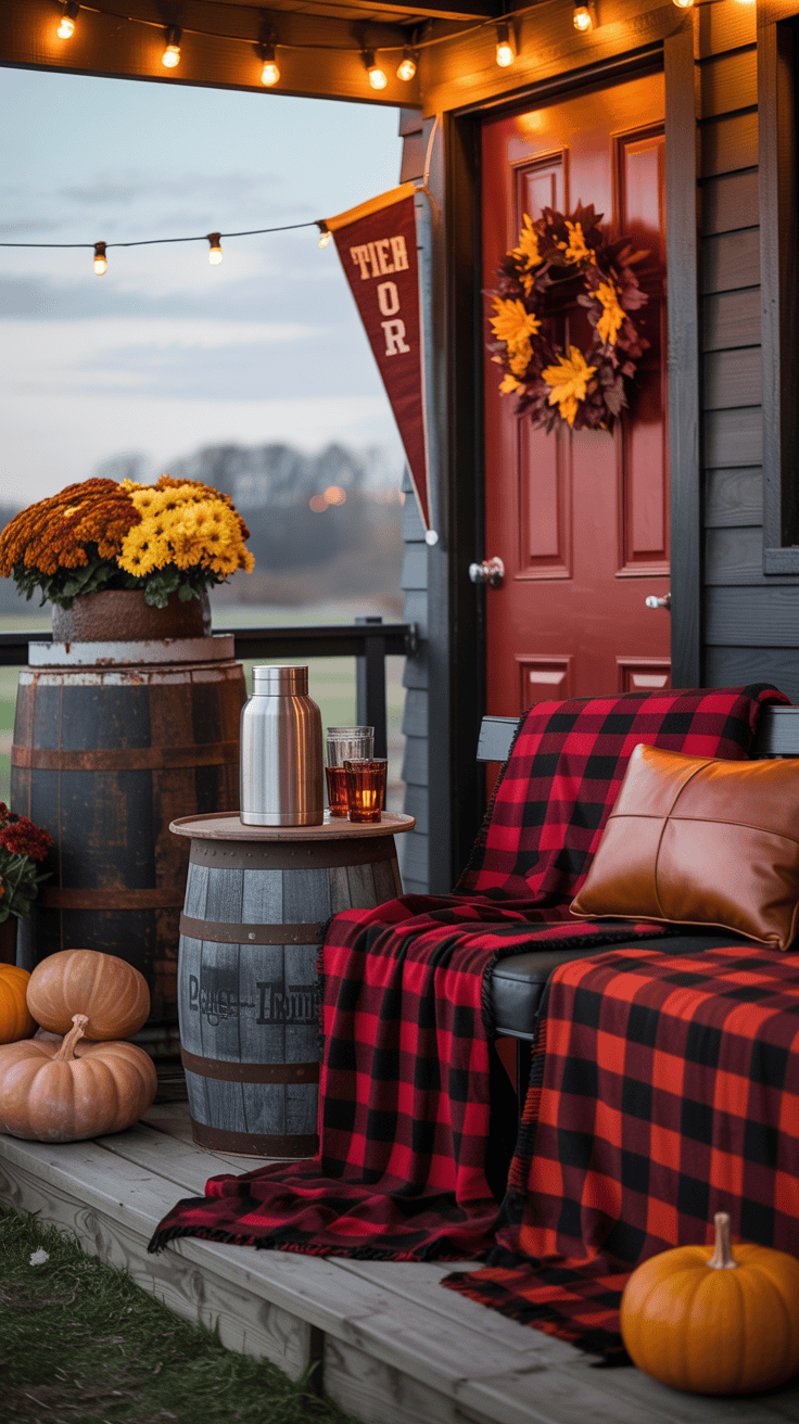 Medium shot capturing tailgate vibe: seating draped with red-and-black buffalo-check blankets, leather-look cushions; barrel side table holding a thermos-style pitcher; vintage cooler repurposed as planter for mums or filled with firewood; football-brown pumpkins scattered; collegiate felt pennant hanging by the door; warm string lights overhead; bold red door with matching plaid wreath; colors of red, black, tan, maple leaf orange; cozy, nostalgic twilight ambiance.