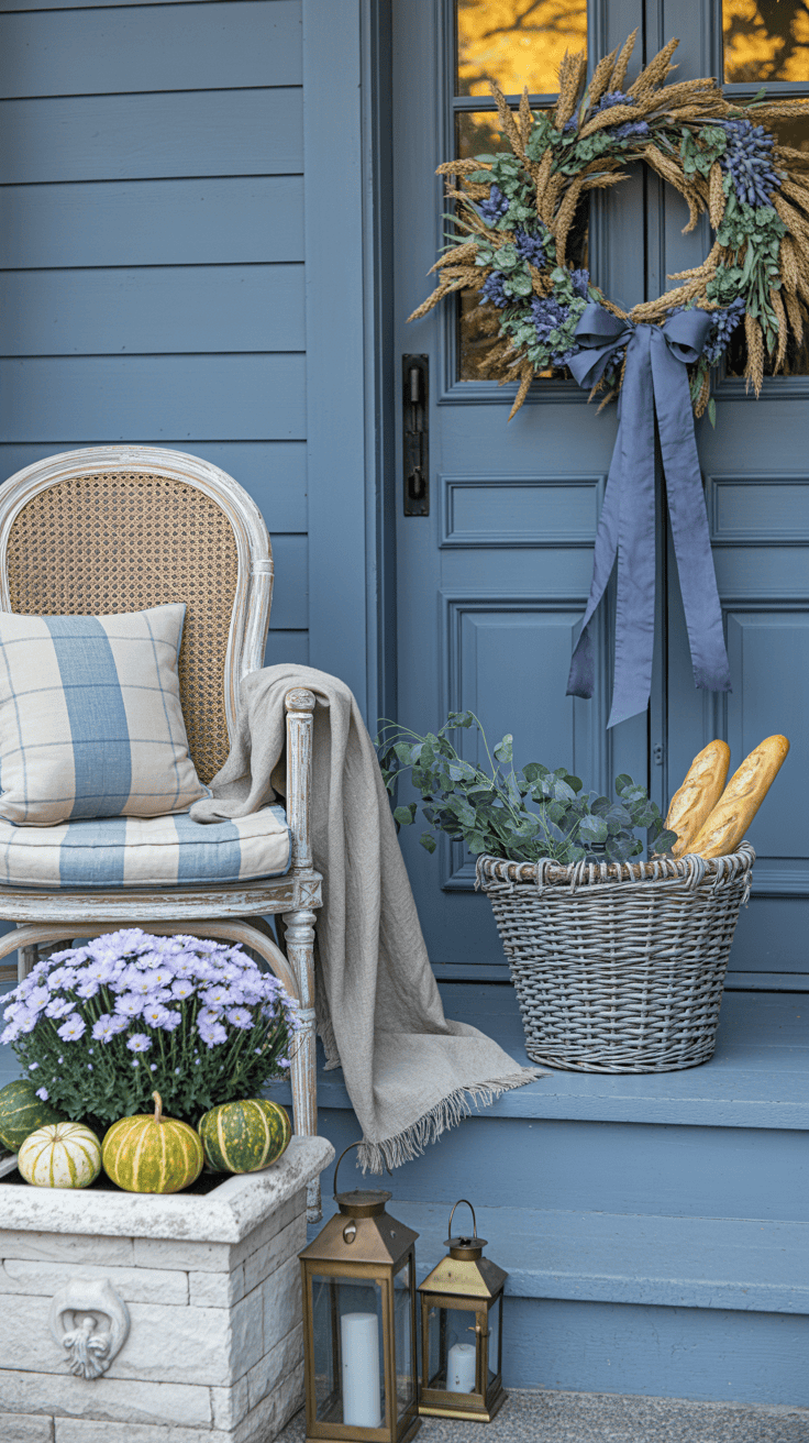 Wide, softly lit French country porch: limestone-look planter with pale lavender mums and olive-green gourds near a slate-blue door; cane-back chair with blue-and-cream ticking cushions and a flax linen throw; wheat-and-lavender wreath tied with a dusty-blue silk ribbon; distressed French market basket by the door stuffed with baguettes and foliage; aged-brass lanterns on the steps; palette of slate blue, cream, olive, pale lavender; materials of linen, cane, stone, aged brass; golden late-afternoon light.