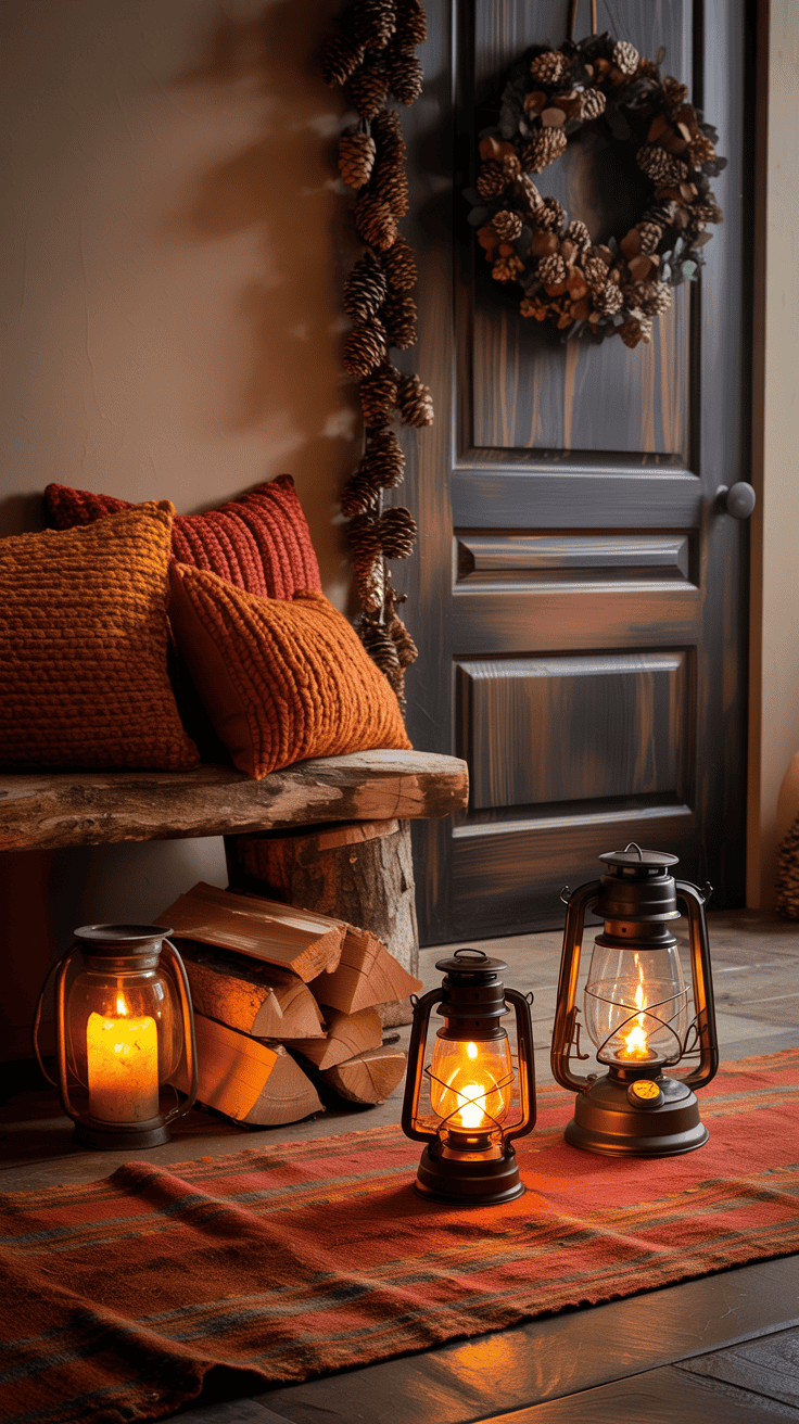 Medium, woodsy cabin vignette: rustic log bench topped with wool pillows in burnt orange and mustard; Kilim-style rug in warm reds and terra cotta underfoot; cluster of iron lanterns with amber glass casting flickering warmth; stack of split firewood and a vintage camp lantern; pinecone garland and plaid wreath near a dark pine/espresso door; cedar-scented candle in a glass hurricane; lighting warm, low, and fireside-like; textures of pinecones, wool, leather, iron.