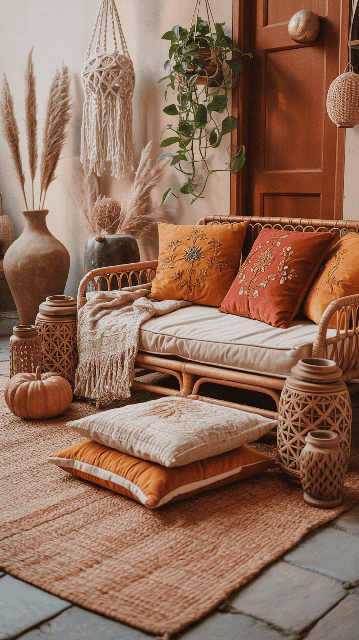 Low-angle, cozy boho lounge scene: rattan daybed or layered floor cushions on a terracotta flatweave rug; embroidered pillows in marigold, rust, and coral; macramé plant hangers with trailing pothos and tall dried pampas in clay urns; carved wood lanterns, a woven pumpkin, and a fringed throw; cinnamon-colored door in background; colors of terracotta, marigold, rust, cream; mix of woven textures, tassels, carved wood, pampas; soft golden-hour light with gentle shadows.