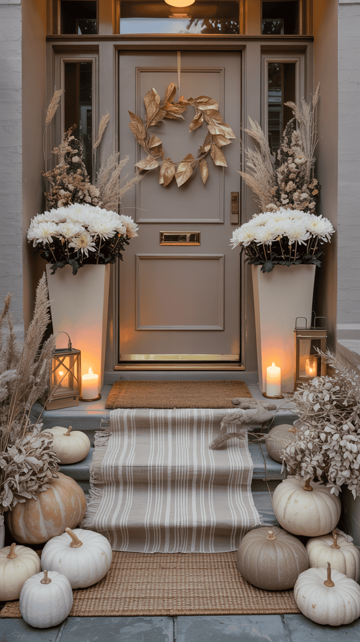 Straight-on, elegant neutral porch in evening glow: white and muted beige pumpkins lining steps; tall cream planters with white mums; neutral striped rug layered with a coir mat; brushed gold lanterns emitting soft candlelight; delicate gold-leaf wreath and brass house numbers; warm greige front door; palette of ivory, greige, taupe, brushed gold; florals include dried wheat and bleached ruscus accents; serene, candlelit atmosphere without harsh highlights.