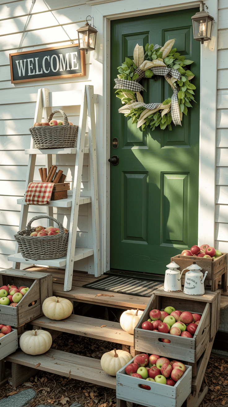 Medium, farmhouse orchard entry at midday: white ladder shelf by the door styled with apple baskets, cinnamon sticks, plaid napkins; shiplap-style welcome sign; steps lined with small crates of red-and-green apples with white pumpkins peeking through; green painted door with gingham wreath; black metal coach lights framing the entry; palette of apple red, farmhouse white, leafy green; textures of crates, enamelware, gingham, shiplap; crisp natural light.