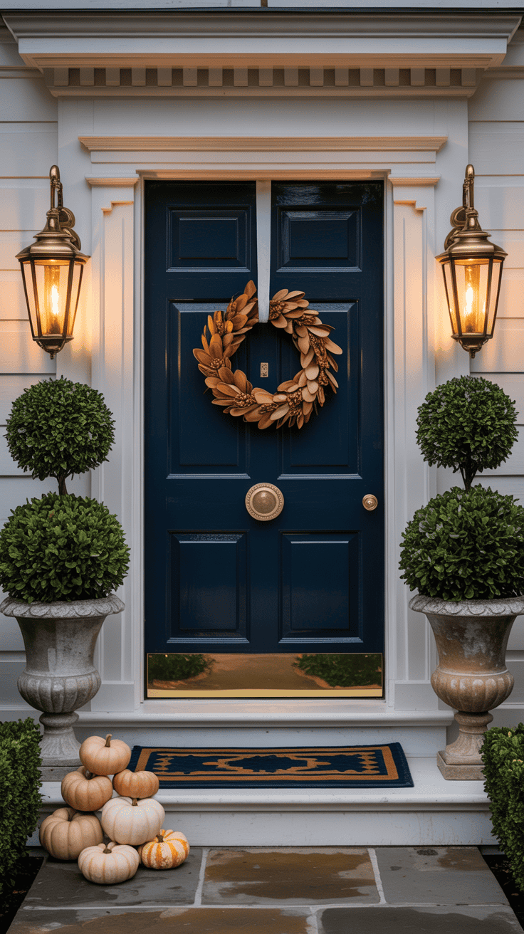 Symmetrical, wide colonial facade: door flanked by topiary boxwoods in classic urns; brass kick plates and substantial brass knocker on a deep navy or oxblood door; handwoven rug in deep navy and caramel; magnolia-and-wheat wreath with navy ribbon centered; matching carriage lanterns on both sides; a few understated caramel-toned pumpkins near the steps; palette of navy, oxblood, brass, magnolia green; formal balance and timeless polish in soft afternoon light.