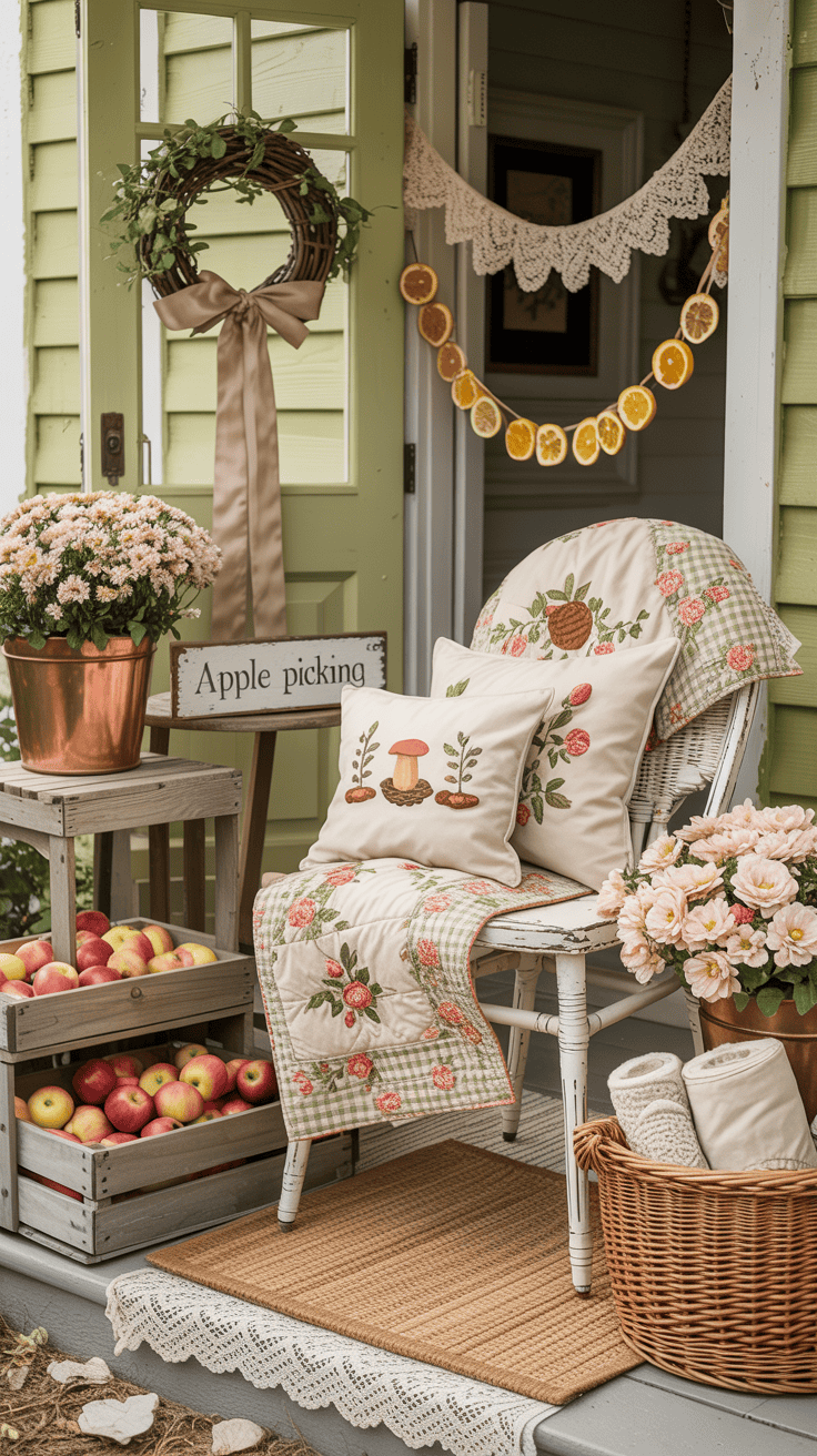 Medium, inviting daylight shot of a cottagecore apple orchard-inspired front porch: a floral gingham outdoor rug layered beneath a scalloped-edge doormat and lace-trim runner leads to a whitewashed bistro set with a rose-patterned quilt draped over one chair and embroidered pillows featuring tiny acorns and mushrooms. Vintage wooden crates overflow with crisp red apples, while antique copper pots filled with blooming mums and a woven basket holding cozy throws add warmth. A hand-painted wooden sign reading “Apple Picking” leans beside the door, which is decorated with a curly willow wreath tied with flowing ribbon. A lace-trimmed garland with dried orange slices hangs across the doorway, creating a charming storybook atmosphere. Palette: soft cream, blush, apple red, moss green. Materials: wicker, chippy painted wood, copper, cotton. Photorealistic, no people.