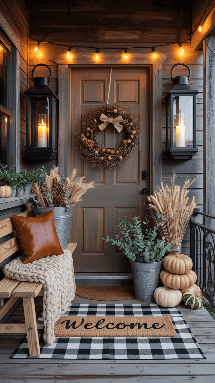 Wide, straight-on evening shot of a rustic harvest lodge-style front porch: layered buffalo check rug under a coir “Welcome” mat, matte-black oversized lanterns with tall glass and flickering LED candles flanking a wood door with a twig/grapevine wreath adorned with mini pinecones and a burlap bow. A natural wood bench holds a chunky knit throw and two leather-look pillows. Galvanized buckets filled with wheat and dried eucalyptus sit beside stacked heirloom pumpkins in soft creams and sage greens. String of warm Edison bulbs spans the porch ceiling, casting a cozy chestnut-and-cream glow. Materials emphasized: weathered wood, galvanized metal, wool, knit. Palette: chestnut, charcoal, cream, sage. No people, photorealistic.