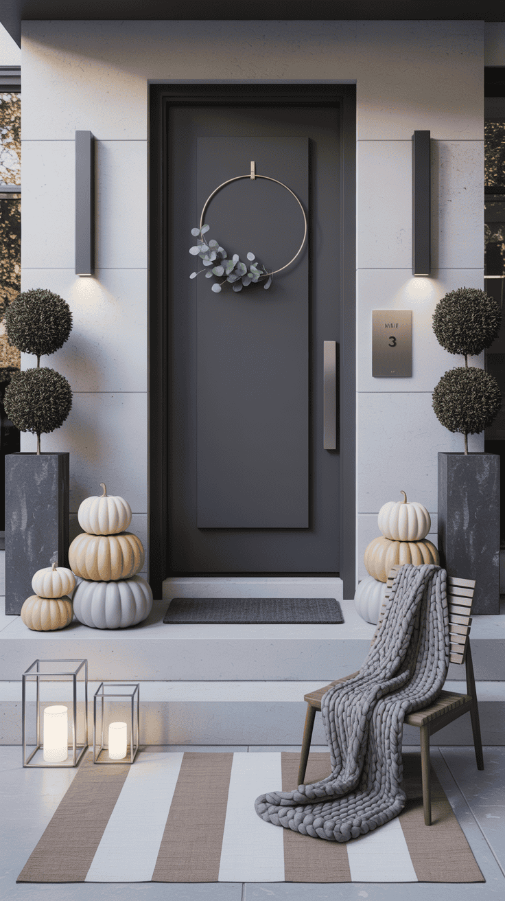 Medium, symmetrical, daylight shot of a modern minimalist porch vignette: a charcoal doormat on a neutral striped rug centered before a sleek door with a minimalist black hoop wreath holding a single eucalyptus sprig. On both sides, tall black planters with sculptural boxwood/olive trees; monochrome pumpkin stacks in matte white, pale gray, and soft tan arranged by size. A sleek metal house number plaque and a narrow linear wall sconce on the facade. Two cube lanterns on the steps; a slim teak chair with a single cashmere-look throw. Materials: metal, concrete, linen. Palette: black, white, taupe, soft gray. Clean lines, edited, photorealistic, no people.