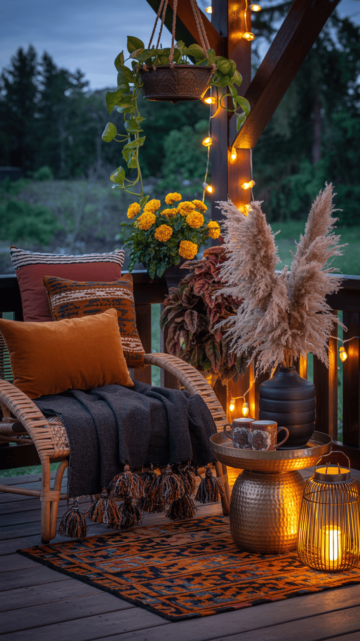 Medium, moody dusk shot of a boho ember lounge porch corner: Persian-style outdoor rug in burnt orange and indigo anchors a low rattan lounge chair with a rust velvet cushion, piled with kilim pillows. A hammered brass tray table holds steaming mugs; a dramatic pampas grass arrangement sits in a black earthen vase nearby. Cluster of brass lanterns at varying heights glows warmly; macramé plant hangers with trailing pothos hang above. Marigolds and burgundy coleus replace mums. Amber fairy lights are strung along the railing; a charcoal throw with oversized tassels drapes over the chair. Palette: rust, marigold, indigo, deep plum. Materials: rattan, brass, velvet, fringe. Photorealistic, no people.