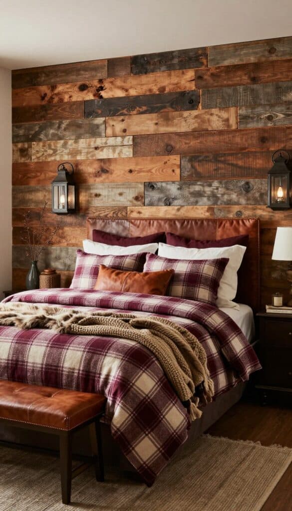 Rustic cabin bedroom with reclaimed wood walls, plaid bedding, leather accents, and warm lantern lighting.