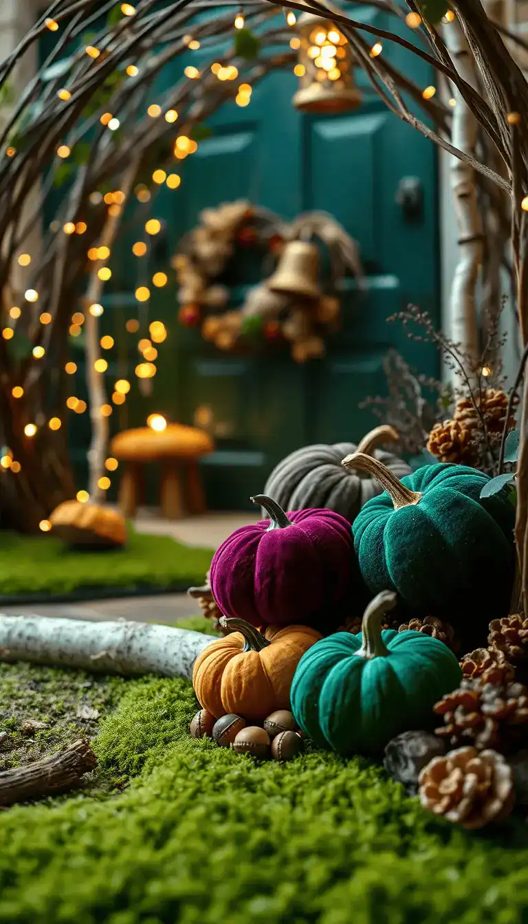 Detail-rich, enchanted woodland closeup: mossy mats underfoot with clusters of toadstool decor and birch logs; twinkle lights woven through a grapevine arch creating a fairytale glow; velvet pumpkins in forest green and plum nestled among faux mushrooms; wreath made of acorns and tiny pinecones; hint of a deep forest-green door and vintage bronze bell in background bokeh; palette of forest green, plum, aubergine, bark brown; textures of velvet, moss, birch, grapevine; soft fairy lights and warm bronze lantern ambiance.