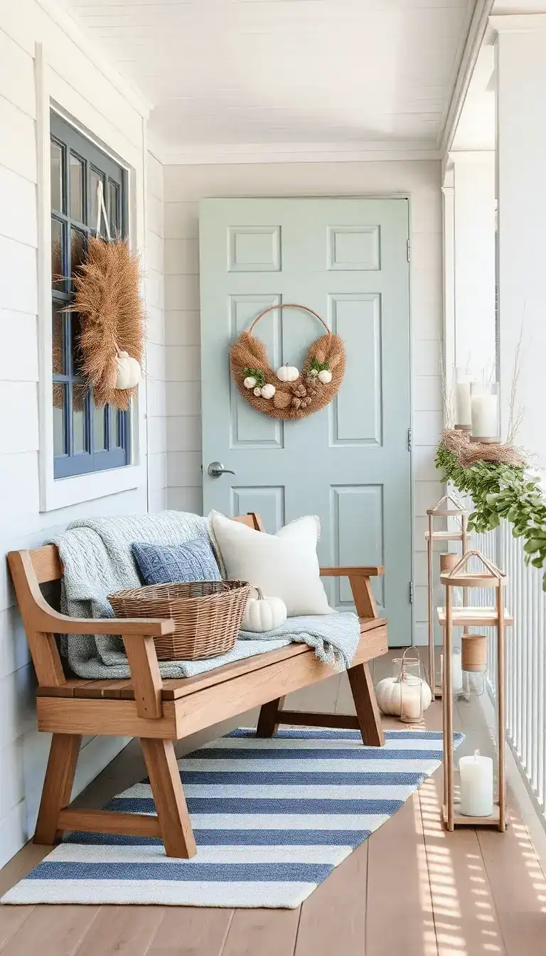 Medium, breezy coastal porch angled from the corner: weathered teak bench with a basket of cable-knit throws; striped marine rug; mix of sea-glass blues, sandy neutrals, and pale pumpkins; driftwood wreath with dried seagrass and tiny white gourds on a muted seafoam door; glass buoy lanterns with soft candles and a sea-salt eucalyptus garland along the railing; materials include teak, rope, glass, driftwood; palette of seafoam, sand, ivory, soft gray-blue; bright but gentle seaside daylight.
