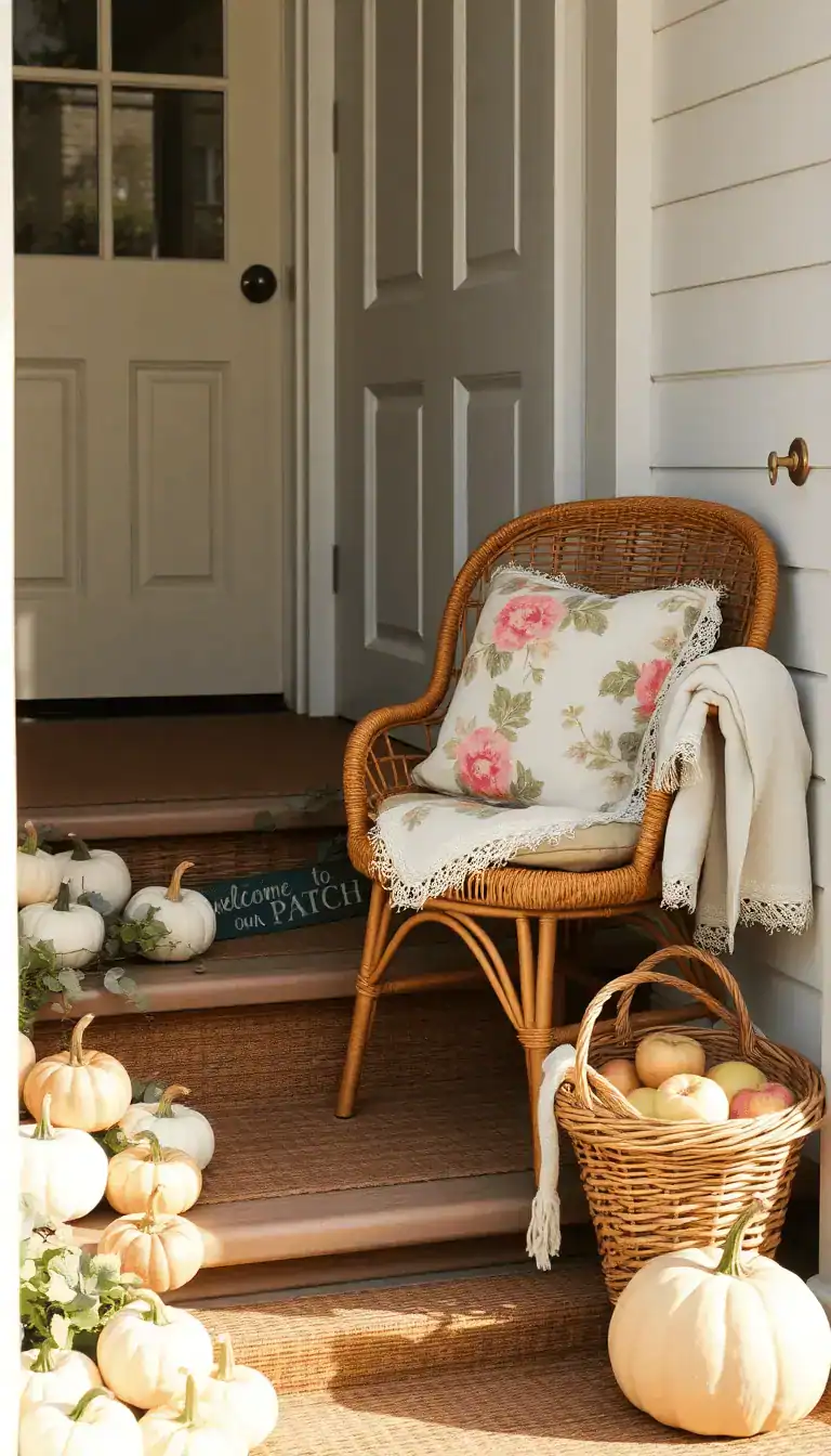 Medium, slightly angled cottage-core entry: steps lined with clustered heirloom pumpkins in white, sage, and soft peach; wispy eucalyptus and trailing ivy woven between pumpkins; a rattan chair with floral cushions in dusty rose and cream, topped with a delicate lace-trim throw; wicker basket of apples by the chair; hand-painted “Welcome to Our Patch” sign and a vintage-style brass door knocker; color story of cream, blush, sage, soft pumpkin; textures of wicker, lace, soft knits, smooth gourds; soft, diffused afternoon natural light.