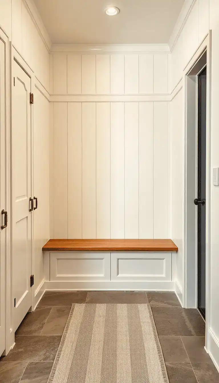 Wide shot, straight-on, of a creamy shiplap nook where concealed locker doors with shaker fronts blend seamlessly into the wall. A solid maple bench with rounded edges runs beneath, fitted with oversized antique brass handles on the hidden lockers. Brushed limestone floor tiles with a handworn look and a striped cotton runner. Palette: cream, maple, soft gray, aged brass. Cozy, classic, tailored atmosphere, soft warm lighting.