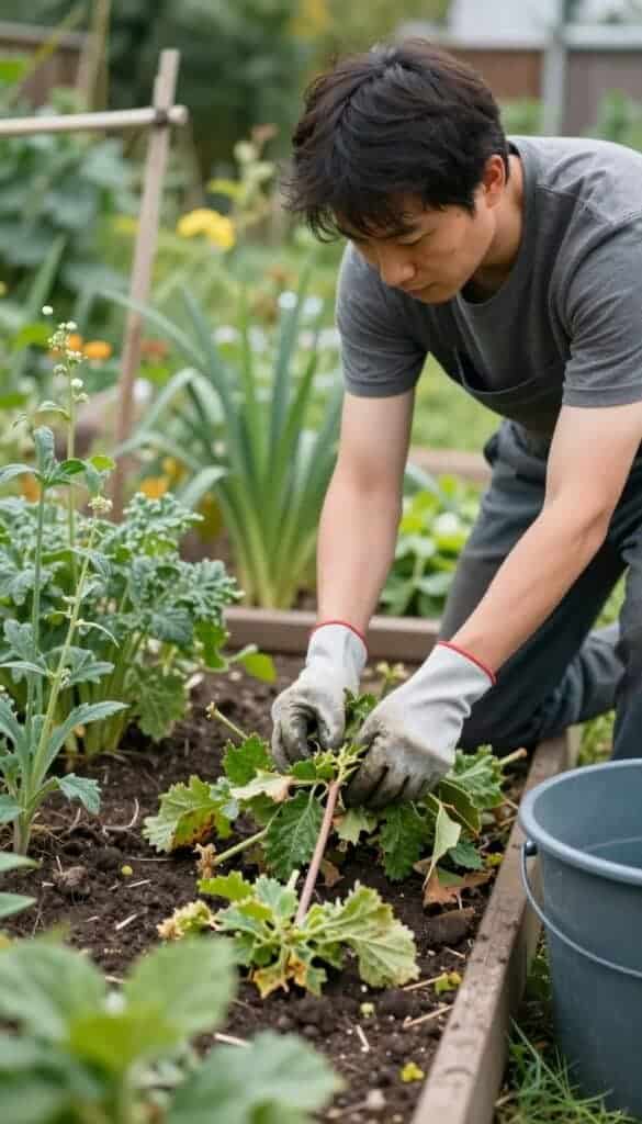 Gardener removing diseased leaves from an autumn garden bed