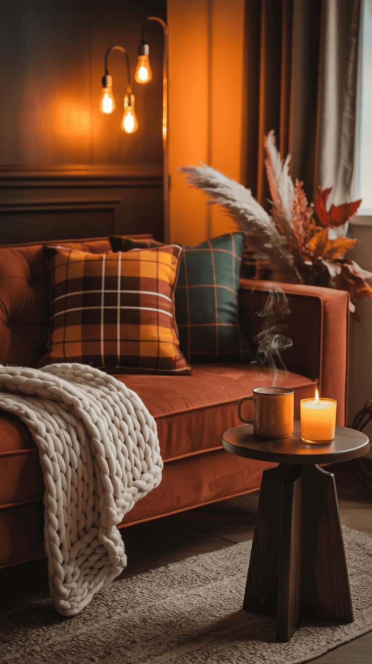 Cozy autumn living room corner at one end of a sofa with warm lighting, fall cushions, side table, and soft throw blanket Cozy autumn living room corner at one end of a sofa with warm lighting, fall cushions, side table, and soft throw blanket