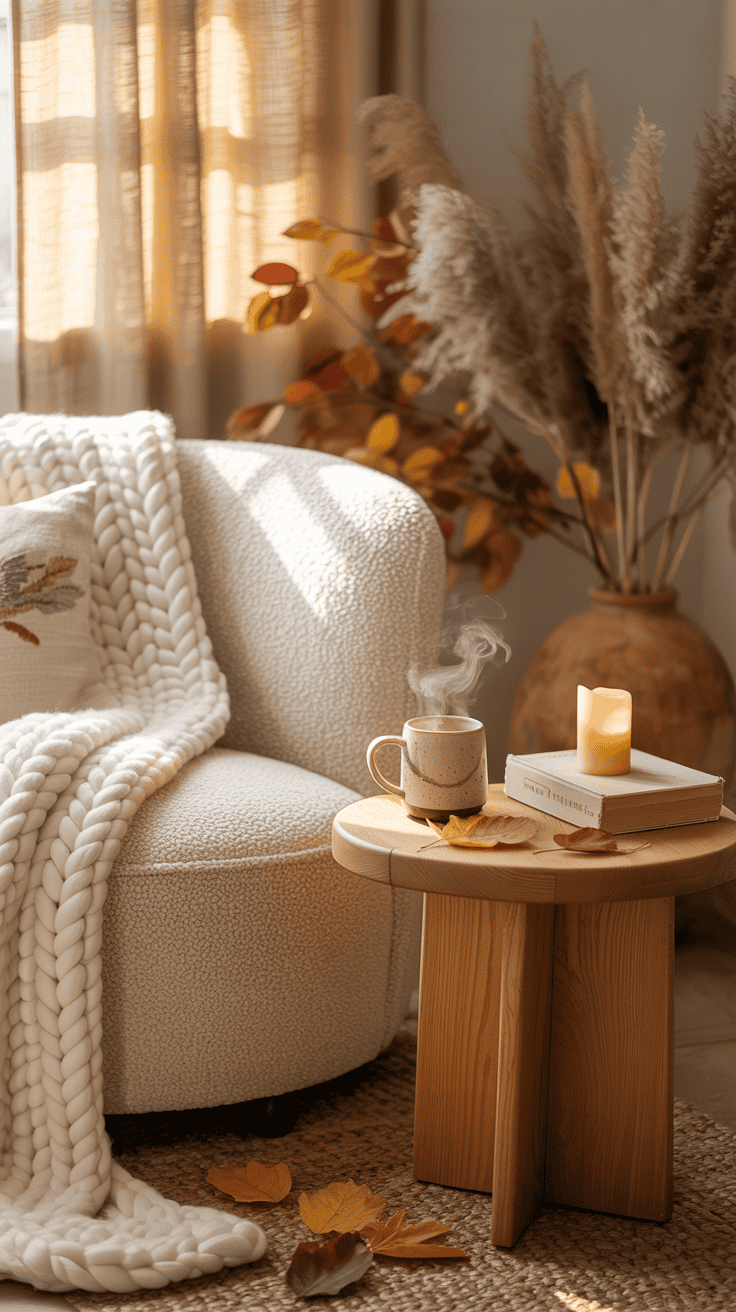 Soft neutral cozy autumn living room corner with boucle chair, cream throw, natural wood table, and warm fall textures Soft neutral cozy autumn living room corner with boucle chair, cream throw, natural wood table, and warm fall textures